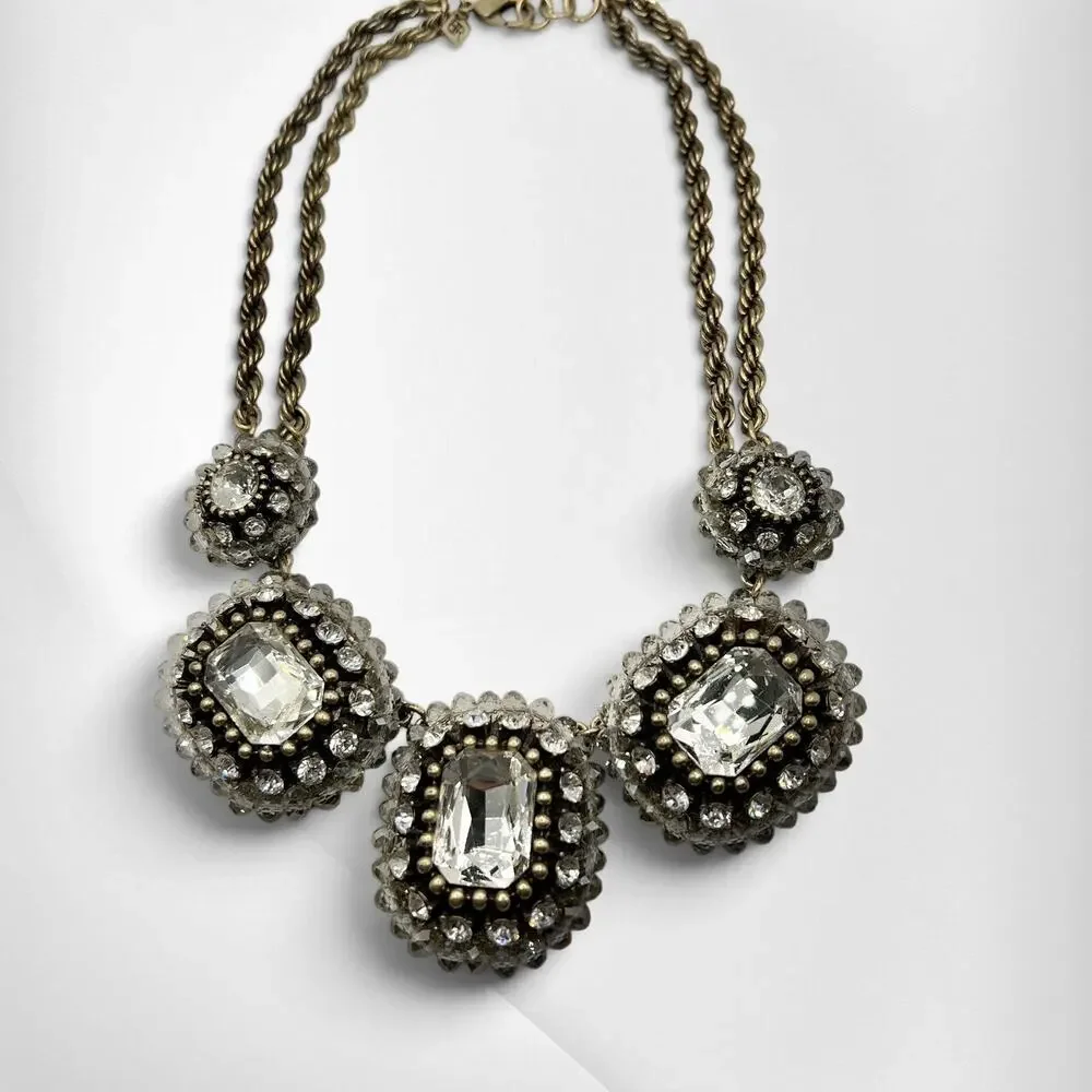 Banana Republic Crystal Rhinestone Statement Necklace Antiqued Gold Tone Glam